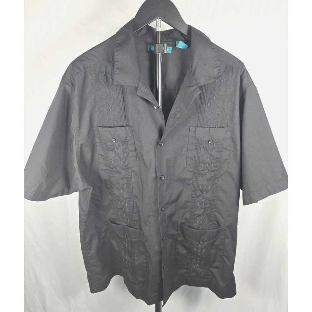 Cubavera Guayabera Shirt Mens XL Black 4 Pocket Embroidered Cuban Button Up